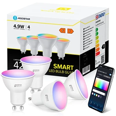 Immagine di Aigostar Lampadine Smart Alexa GU10 SL2 Lampadina WIFI LED 4.9W 420LM, Intelligenti Dimmerabile RGB &amp; 2700K 6500K, Controllo App, compatibile con Alexa/Google Home, 4 Unità.