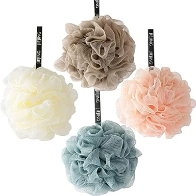 Immagine di Guidre 4 Pack Spugna da Doccia,Schiumogena Facile Doccia in Mesh Spugne Bagno con Cordino,Mesh loofahs Spazzola per il Corpo Donne Uomini Pelle Esfoliante Clean Lenire la