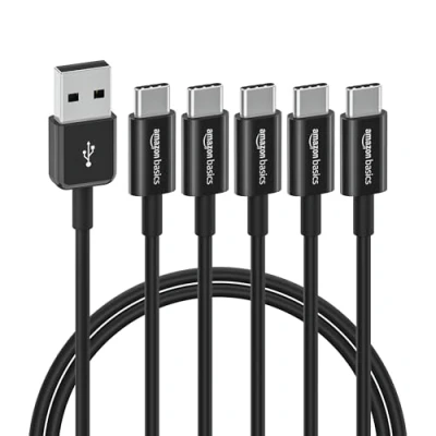Immagine di Amazon Basics Confezione da 5 cavi USB C a 2.0 ricarica rapida, velocità 480 Mbps, certificazione IF, per Apple iPhone 15, iPad, Samsung Galaxy, tablet, laptop, 0.9 m, nero