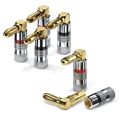 Immagine di conecto connettori a banana per cavi altoparlanti, set di 4, spina angolata 90, placcati oro con codifica colori (2x rossi, 2x neri), 24k