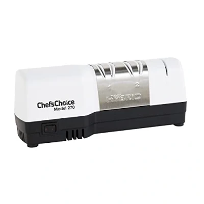 Immagine di Chef&#039;s Choice Hybrid Diamond Hone Knife combina l&#039;affilatura elettrica e manuale per coltelli dritti seghettati a 20 gradi, 3 stadi, bianco