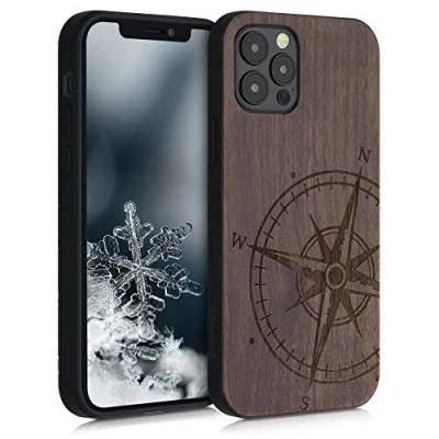 Immagine di kwmobile Custodia Compatibile con Apple iPhone 12 / Pro Cover Back Case in Legno Bumper Silicone TPU Bussola vintage marrone scuro