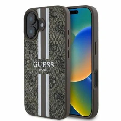 Immagine di CG Mobile Guess GUHMP16SP4RPSW Custodia rigida per iPhone 16 da 6,1&quot;, motivo a righe stampate 4G, colore: Marrone
