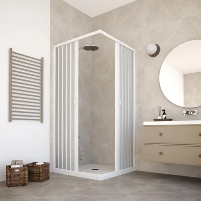 Immagine di Box Doccia 80x90x185h modello Paola in PVC cabina con apertura angolare doppia anta a soffietto riducibile reversibile di colore bianco.