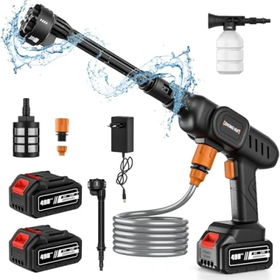 Immagine di Idropulitrice a Batteria Ugello 6 in 1, Portatile con 2 Batteries e Tubo da 5M, Pulitore ad Alta Pressione Senza Fili per Auto, Giardino, Pavimenti Esterni (2x Batterie)
