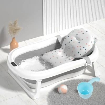 Immagine di Einesin Grande Vaschetta Bagnetto Neonato Pieghevole(con Termometro ad Acqua),Vasca Antiscivolo Portatile con Cuscino e Tazza di Shampoo ecc. grigio