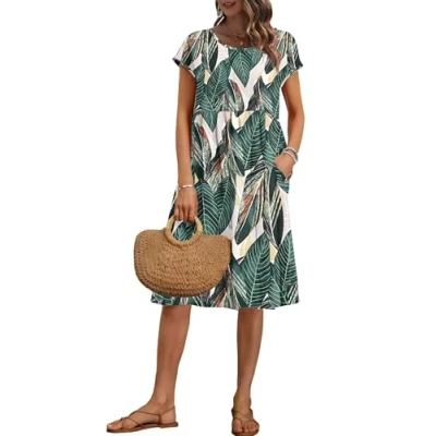 Immagine di AUSELILY Vestito Estivo da Donna a Maniche Corte Abiti Casual Larghi Abito al Ginocchio con Scollo Girocollo e Tasche