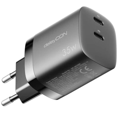 Immagine di deleyCON Caricabatterie USB C (2 Porte Caricatore Rapido 35W) Alimentatore per iPhone 16/15/14/13/12/11 iPad Galaxy S24/S23 Cellulari Pixel PD 3.0 Nero