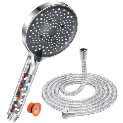 Immagine di YEAUPE PRO Soffione doccia e tubo flessibile con perline filtranti, 130 mm, 6 modalità, ad alta pressione, da 1,6 m, flusso potente universale regolabile per acqua dura a bassa
