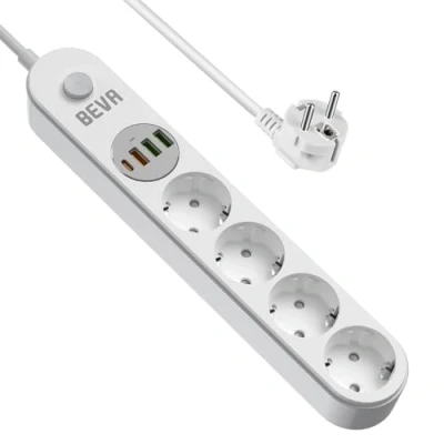 Immagine di BEVA Multipresa Ciabatta Elettrica con 4 Porte di Ricarica USB (Max 2.4A, 5V) e Prese AC (2500W/10A), Sovratensione Surge Protezione, Cavo 2 m (Bianco)