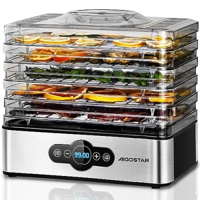 Immagine di Aigostar Crispy Essiccatore alimentare, 240W, 5 vassoi, essiccatura automatica, ottimo per frutta, carne, verdura ecc. controlli digitali, impostazione manuale di tempo e temperatura. Senza BPA.