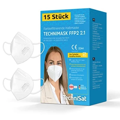 Immagine di TechniSat TECHNIMASK 2.1 15 mascherine FFP2 prodotte in Germania (certificate CE, dolomiti, a 5 strati con tessuto non di alta qualità, dermatologicamente testate, Made Germany)