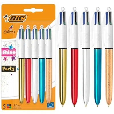 Immagine di Penne a Sfera Scatto BIC 4 Colours Shine e Party Punta Media (1,00 mm) nei Colori Argento Metallizzato, Oro, Rosso, Blu Oro con Effetto Champagne Confezione da 5