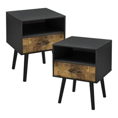 Immagine di [en.casa] Set di 2 Comodini con Cassetto e Scomparto Aperto Tavolini Laterali per Divano Soggiorno Corridoio Mobiletti da Notte 57 x 42 40 cm Nero/Effetto Legno Scuro
