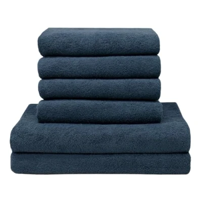 Immagine di ZOLLNER Set di asciugamani 4 da bagno 50x100 cm e 2 teli doccia 70x140 super assorbenti blu scuro con gancetto lavabili a 60C cotone qualità d&#039;albergo