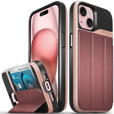 Immagine di VENA vCommute Custodia a portafoglio compatibile con Apple iPhone 15 (6,1 pollici), protezione dalle cadute di grado militare, in pelle, scomparto per carte credito e supporto, colore oro