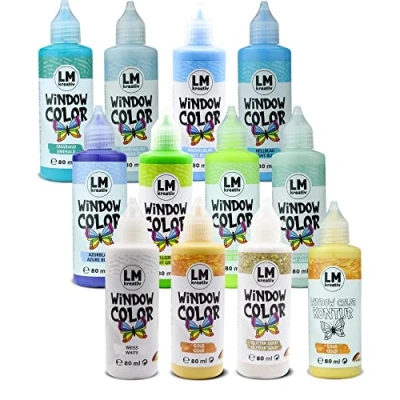 Immagine di LM Window Color Set (12 x 80 ml Enjoy yourself) Pittura per finestre rimovibile a base d&#039;acqua superfici lisce come vetro, piastrelle specchio