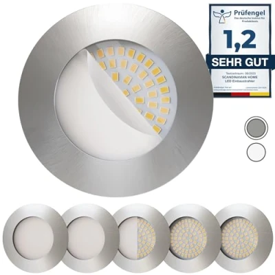 Immagine di Scandinavian Home Set di 6 Lampade per Faretti LED da Incasso, Ultra Piatti, Bagno, 5 W, 500 lm, 3000 K, Luce Bianca Calda, 60 68 mm, 220/230 V, A++, Design Rotondo in Acciaio INOX, Vetro Opaco