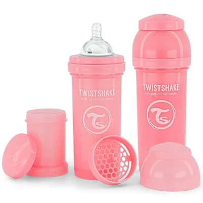 Immagine di Twistshake 2x Biberon Anticolica Con Contenitore Per Il Latte In Polvere E Miscelatore 260ml, Tettarella Silicone A Flusso Medio, Senza BPA, 2+Mesi, Rosa