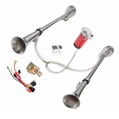 Immagine di YIYIDA Clacson per auto Car Horn 12 V Corno nave Zinco Cromato Argento doppio tubo 170db del camion d&#039;aria con pompa ad aria rossa Air 12V moto ecc