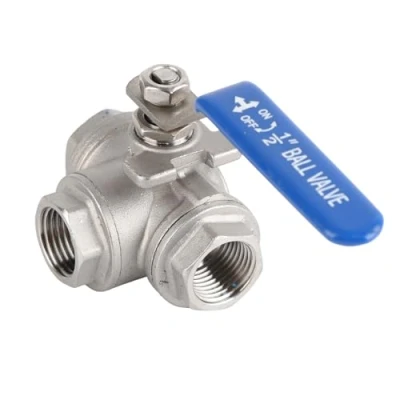 Immagine di Valvola a Sfera Tre Vie con Filettatura Femmina L, in Acciaio Inox SUS304, Maniglia Leva, Tubo T 1/2&quot; DN15 Sliver Blu