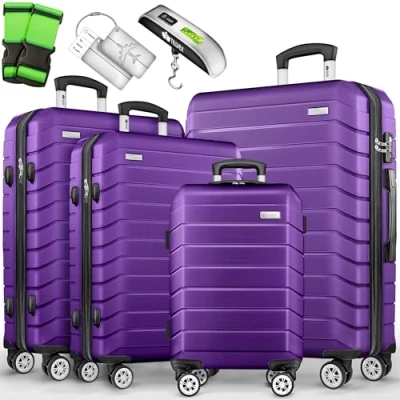 Immagine di tillvex® set di 4 valigie da viaggio + bilancia per bagagli, 8 cinghie valigia e etichette ruote, trolley TSA, custodia rigida S M L XL
