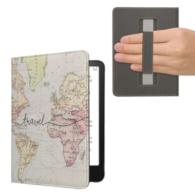 Immagine di kwmobile Custodia Cinturino Mano Compatibile con AmazonKindle Paperwhite (12. Gen 2024)/Kindle Colorsoft Cover eBook Reader Case eReader Simil Pelle Mappa del mondo