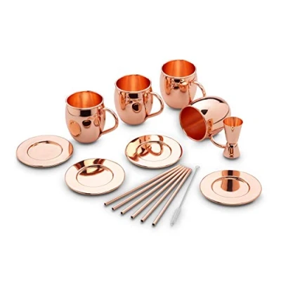Immagine di ECHTWERK Moscow Mule set di 13 tazze rame in acciaio inossidabile, composto da 4 500 ml, sottobicchieri, cannucce e 1 misurino 2cl/4cl