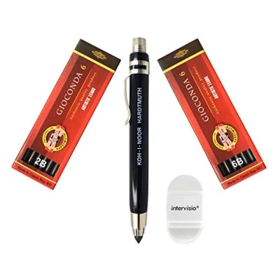 Immagine di intervisio Koh I Noor 5359 Portamine Meccanico 5.6 mm Moderno in Metallo con Mina Grafite Set 4865 2B e 6B Gomma intercambiabile per Scuola, Ufficio, Scrittori Artisti