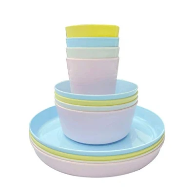Immagine di set di stoviglie in plastica da 12 pezzi Riutilizzabile senza BPA 4 tazze ciotole e piatti per 8
