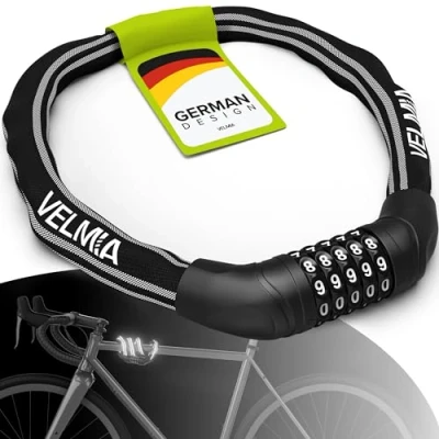 Immagine di VELMIA lucchetto per bicicletta con serratura a combinazione programmabile e strisce riflettenti una maggiore visibilità, catena in acciaio inox temprato, bicicletta,