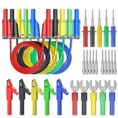 Immagine di Cleqee Kit di 30 cavi prova in silicone con spina a banana, completamente isolati, sicurezza, impilabili, clip coccodrillo, forcella + perni posteriori per test multimetro