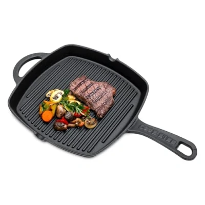 Immagine di Spetebo Piastra in ghisa 26 cm, padella quadrata con manico, bistecchiera per barbecue, arrostire e servire il cibo, adatta fornelli a induzione