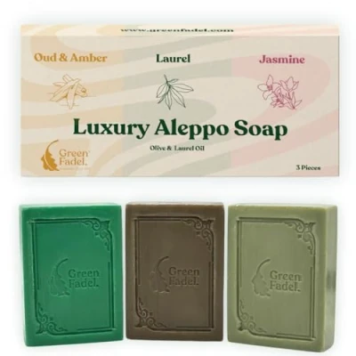 Immagine di GREEN FADEL (Luxury) Sapone di Aleppo Originale, Set da 3 pezzi: Alloro, Oud &amp; Ambra, Gelsomino, con Olio d&#039;Oliva e all&#039;Olio d&#039;Oliva, Luxury Soap