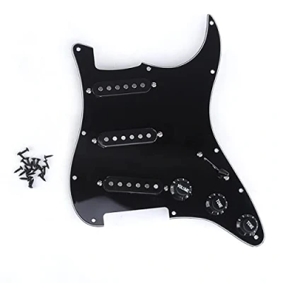 Immagine di Musiclily Basic SSS Battipenna Precablato Pre Wired Loaded Strat Pickguard con Pickup Single Coil Alnico V Set per Chitarra Elettrica Fender ST, 3 strati Nero