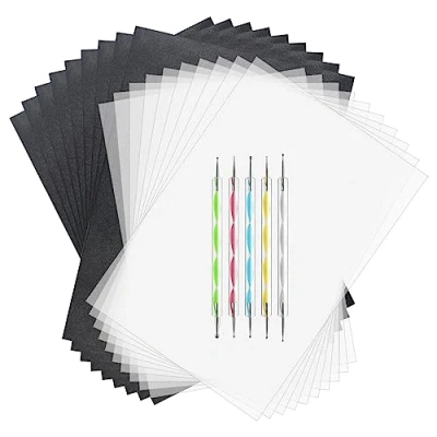 Immagine di ASTARON Set di Carta Carbone, 150 Fogli Carbonio Nera A4 e da Lucido con 5 Strumenti per Stilo Goffratura, Copiativa Grafite Legno Tessuti