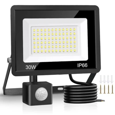 Immagine di Jsdoin Luci di sicurezza per esterni 30 W con sensore movimento, 4500 lumen, 6500 K, lampada PIR, proiettore LED, IP66, diurna impermeabile cavo da 2 m garage