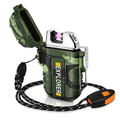 Immagine di Lafagiet Accendino USB ricaricabile, impermeabile, doppio arco, per campeggio, escursionismo, kit di sopravvivenza all’aperto, Verde