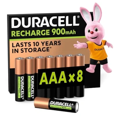 Immagine di batterie ricaricabili Duracell AAA (Confezione da 8), Pile ricaricabili, 900 mAh NiMH, pre caricate, le nostre n.1 per lunga durata