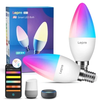 Immagine di Lepro BC1 AI Lampadina LED E14 Intelligente,Lampadine 4.9W 470LM Dimmerabile LLM,Magic Color RGB,Compatibile con Alexa/Google, Controllo Vocale/APP,Musica Sync per Festa,WiFi e Bluetooth, 2 pezzi