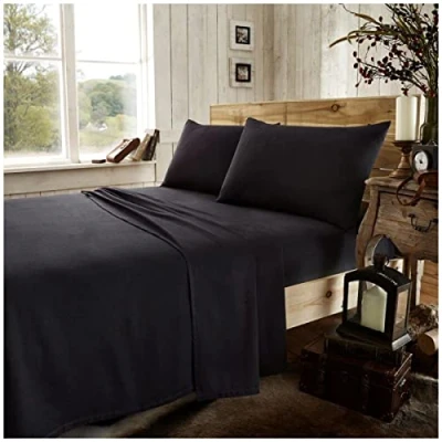 Immagine di GC GAVENO CAVAILIA Set di biancheria da letto matrimoniale in flanella tinta unita, 100% cotone spazzolato, con angoli elastici, lenzuola traspirante, colore nero