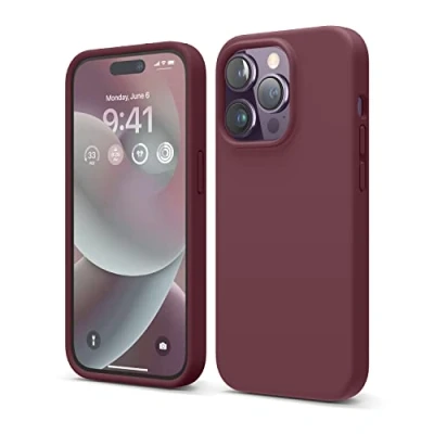 Immagine di elago Custodia in silicone liquido di alta qualità, compatibile con iPhone 14 Pro (6,1 pollici), protezione completa, antiurto, a 4 strati, fodera morbida microfibra antigraffio, bordeaux