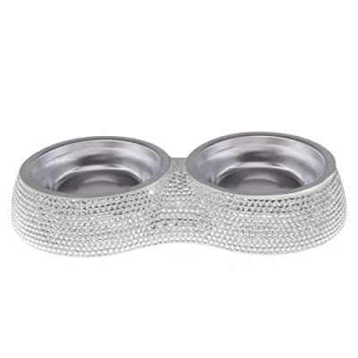 Immagine di ciotola doppia in acciaio con base strass per cani 2 pezzi piccola animali domestici e d&#039;acqua, gatti cani, x 160 ml