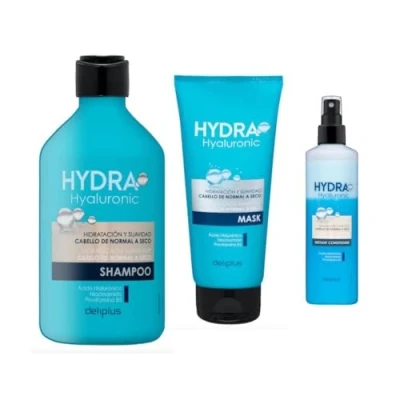 Immagine di Pack 3 Shampoo 400 ml, Mask Acond 200 Inst 250 ml. Hydra Hyaluronic capelli da normale a secco con acido ialuronico, niacinamide e provitamina B5. Deliplus