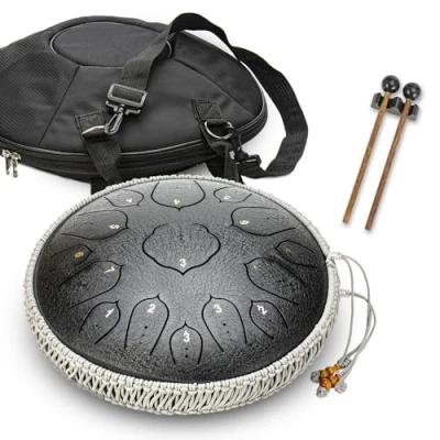Immagine di RATSTONE Tongue Drum,Handpan,Handpan strumento Musicale,Tamburo a lingua d&#039;acciaio, percussione da 14 pollici con 15 note in re maggiore e bacchette/custodia (nero)