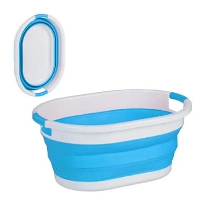 Immagine di Relaxdays Cesto Portabiancheria Pieghevole, 24 Litri, Contenitore Salvaspazio in Plastica con Impugnature, Blu Bianco