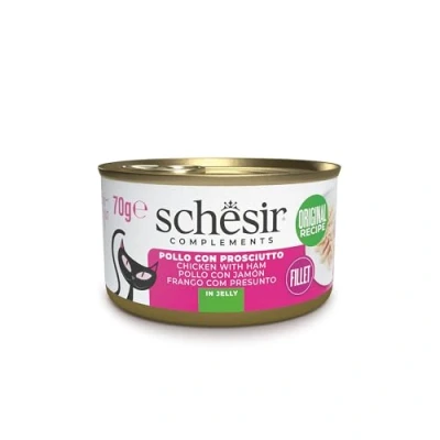 Immagine di Schesir, Filetti di Pollo con Prosciutto in Gelatina, Cibo Umido Complementare per Gatti, Ricetta Originale, 100% Naturale, 12 lattine da 70g