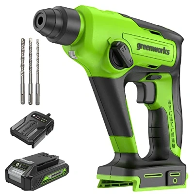 Immagine di Greenworks Tools Perceuse à percussion sans fil GD24SDS1K2 (Li Ion 24V SDS 1.2 Joule, calcestruzzo, martello/foratura, 2 modalità velocità, batteria al litio da Ah e caricatore), Grey, Green, Black