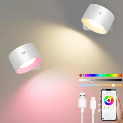 Immagine di Diealles Shine Smart Applique da Parete Interno 2 Pezzi, Ricaricabile Lampada Parete, Dimmerabile a Batteria, Ruotare 360, RGB e Atmosfera Modalità, APP Controllo Touch, Bianco