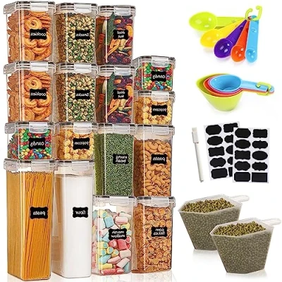 Immagine di TWBEST Contenitori Ermetici per Alimenti e Cereali, Set 16 Pezzi, 4 Taglie, Senza BPA, Pasta, Farina, Zucchero, in Plastica con Coperchio Etichette, Cucchiaio